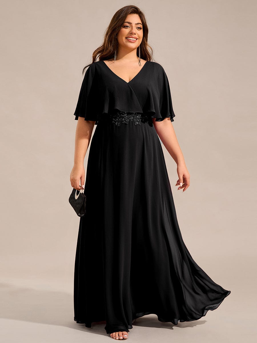 Plus Size Chiffon Formal Maxi Dress with Batwing Sleeves #color_Black