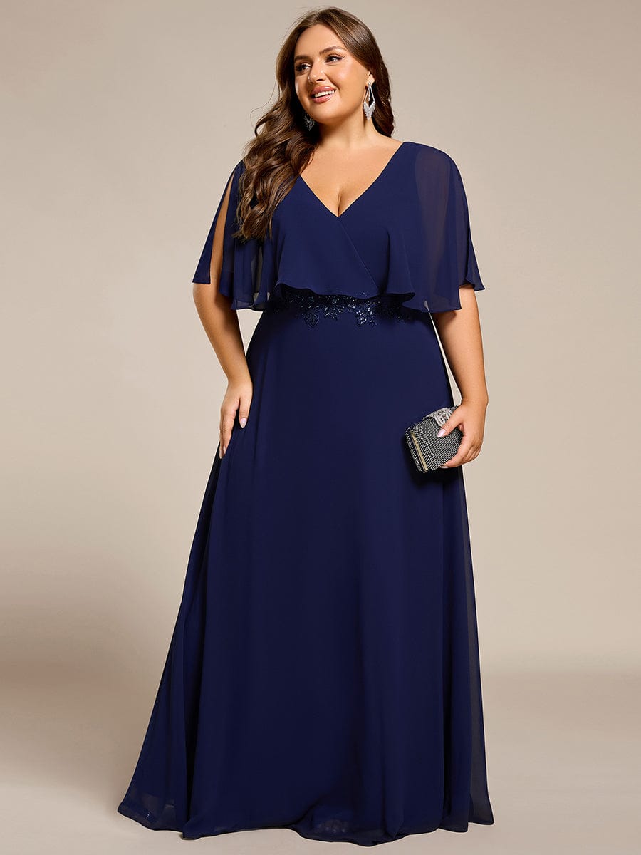 Plus Size Chiffon Formal Maxi Dress with Batwing Sleeves #color_Navy Blue