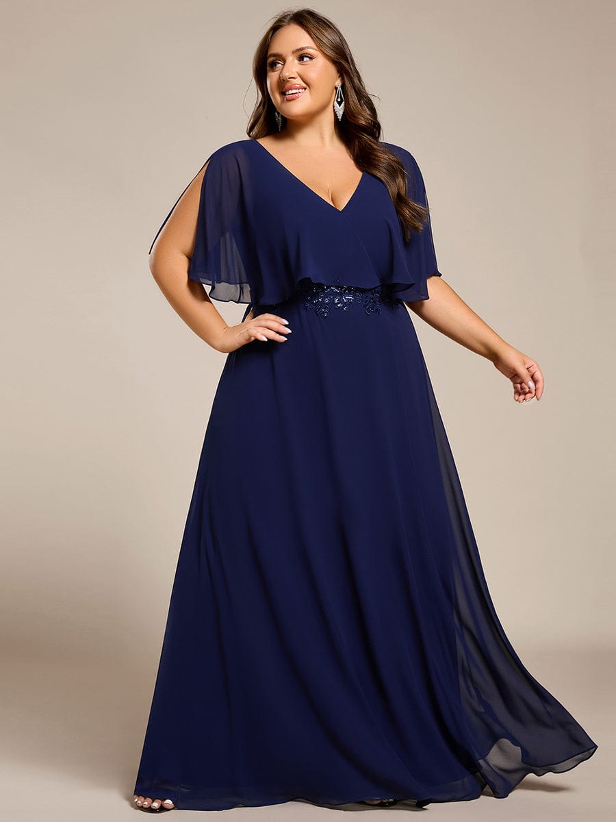 Plus Size Chiffon Formal Maxi Dress with Batwing Sleeves #color_Navy Blue