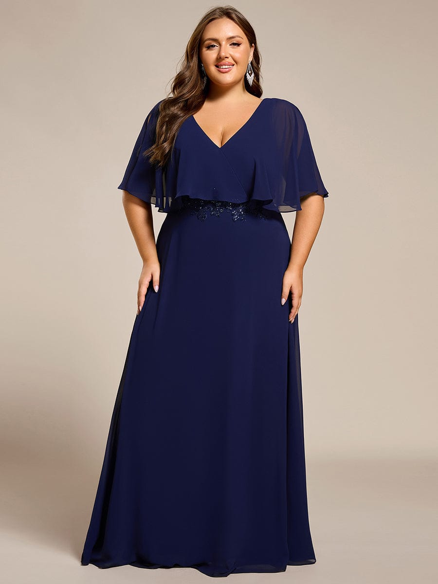 Plus Size Chiffon Formal Maxi Dress with Batwing Sleeves #color_Navy Blue