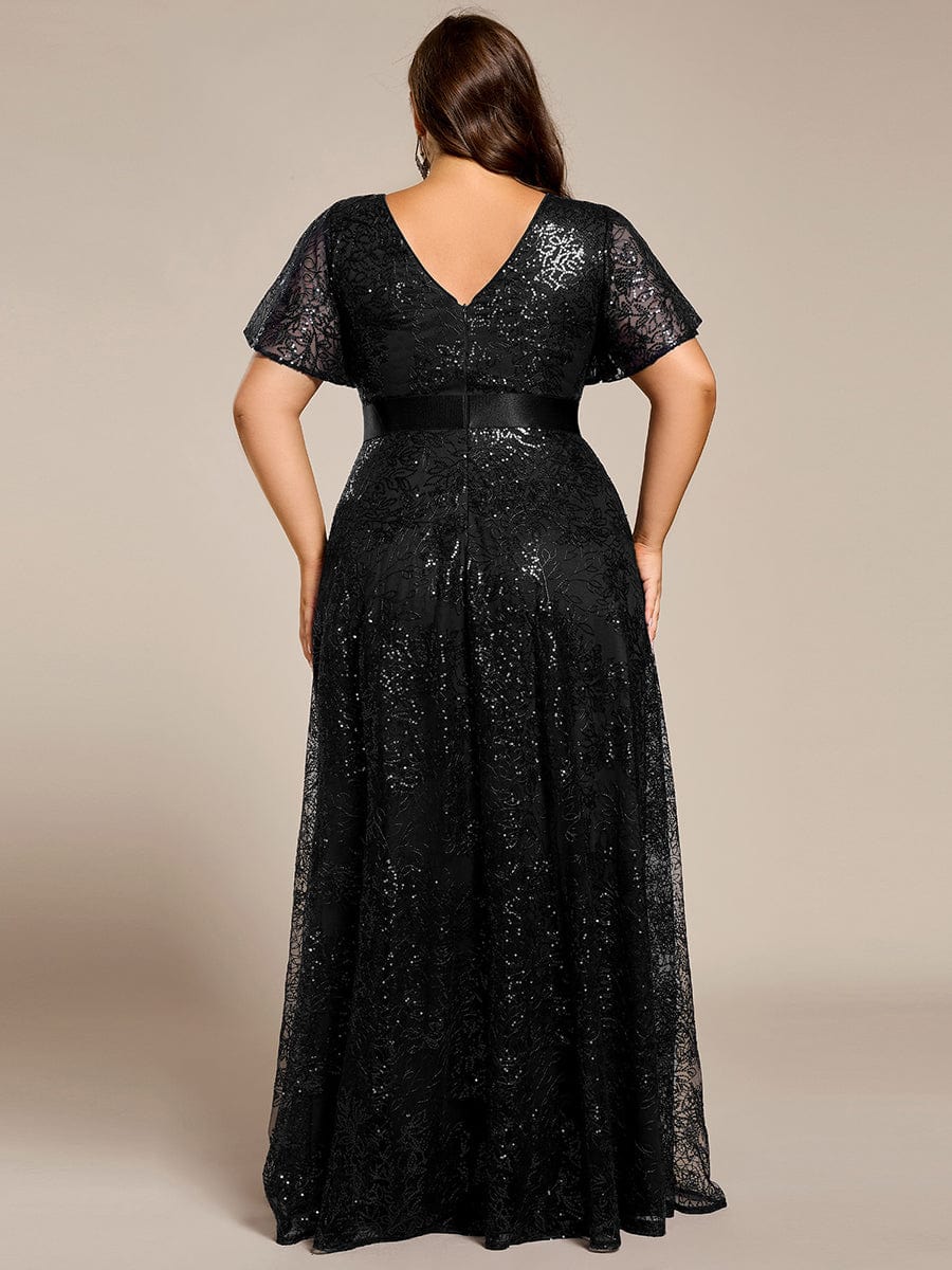 Plus Size Illusion Sequin V-neck Short Sleeve Maxi Formal Dress #color_Black