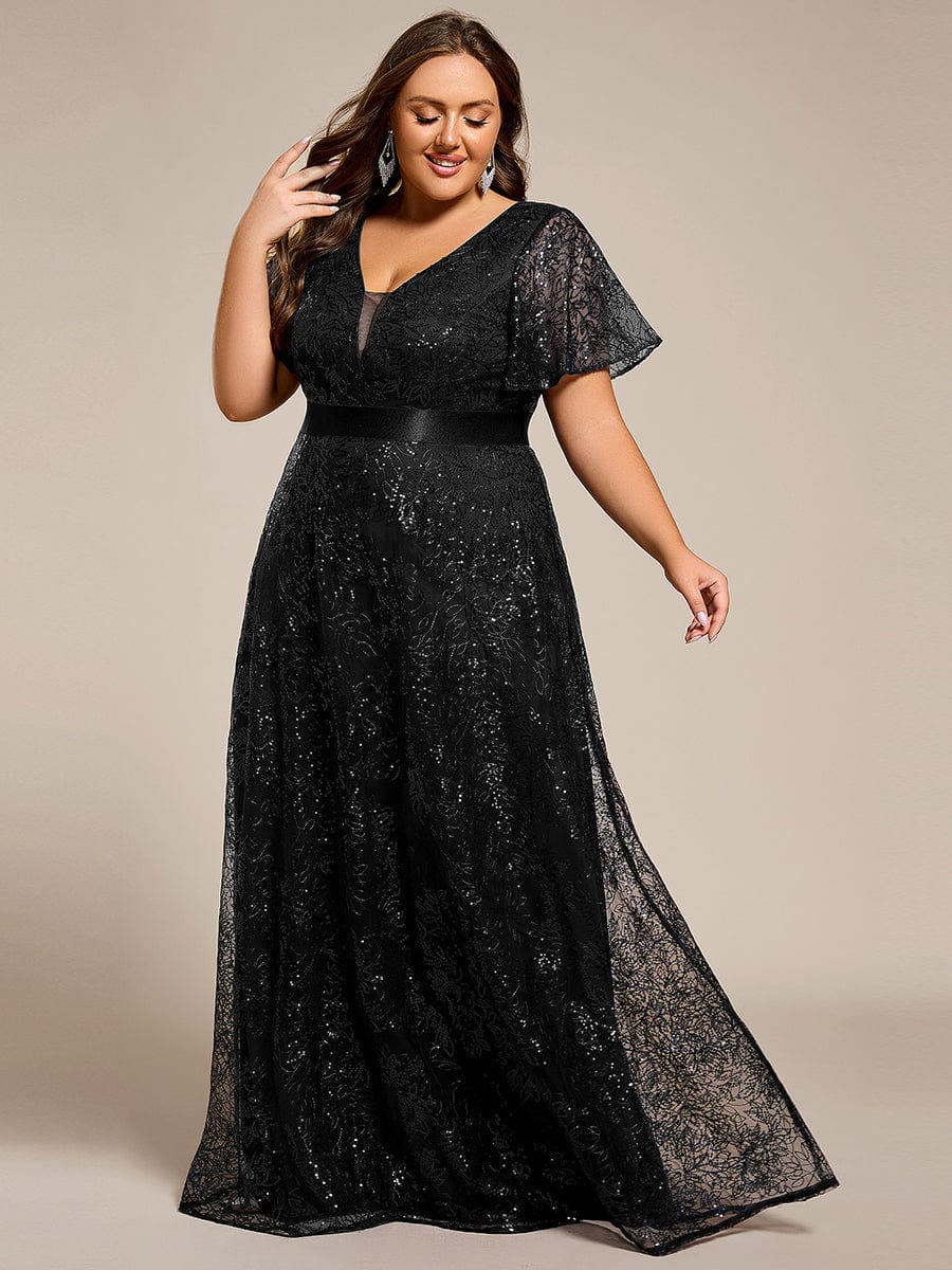 Plus Size Illusion Sequin V-neck Short Sleeve Maxi Formal Dress #color_Black