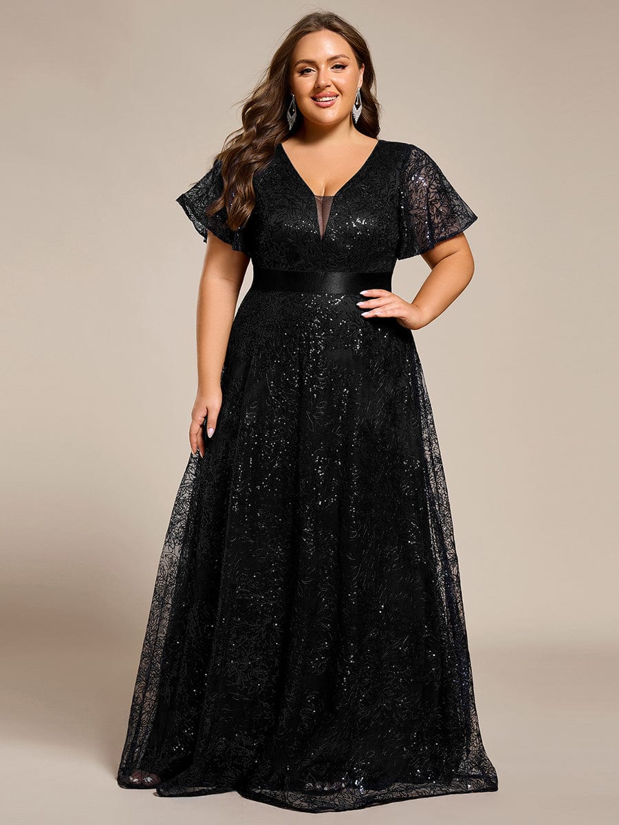 Plus Size Illusion Sequin V-neck Short Sleeve Maxi Formal Dress #color_Black