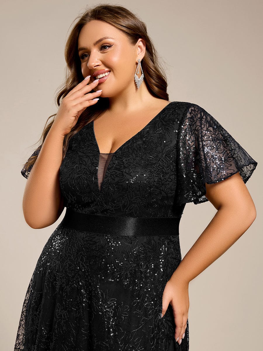 Plus Size Illusion Sequin V-neck Short Sleeve Maxi Formal Dress #color_Black