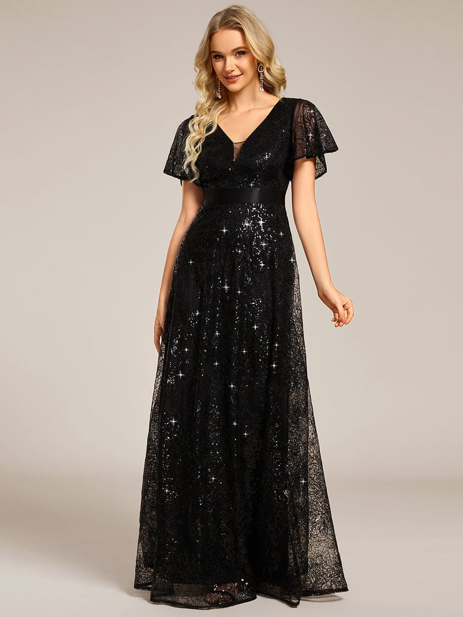 Illusion V-neck Short Sleeve Sequin Formal Maxi Dress #color_Black