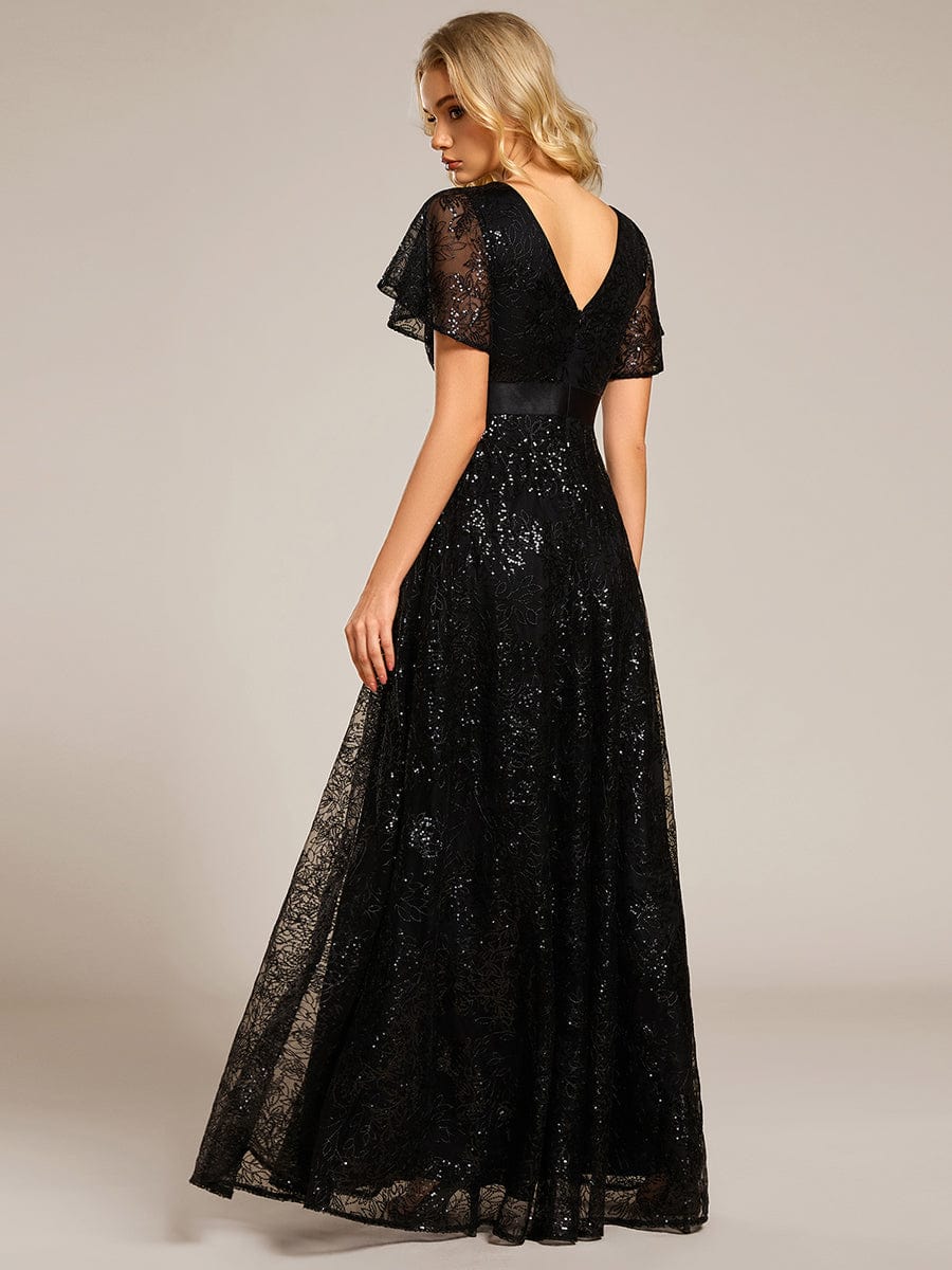 Illusion V-neck Short Sleeve Sequin Formal Maxi Dress #color_Black