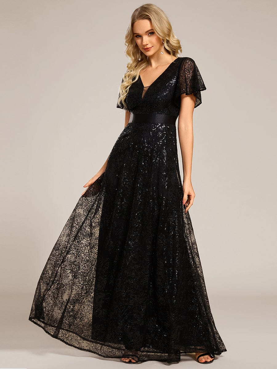 Illusion V-neck Short Sleeve Sequin Formal Maxi Dress #color_Black