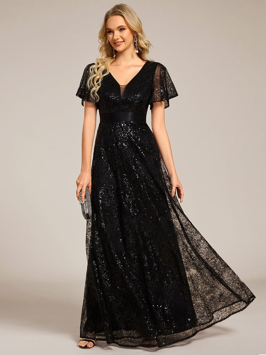 Illusion V-neck Short Sleeve Sequin Formal Maxi Dress #color_Black