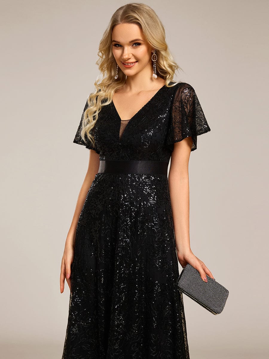 Illusion V-neck Short Sleeve Sequin Formal Maxi Dress #color_Black