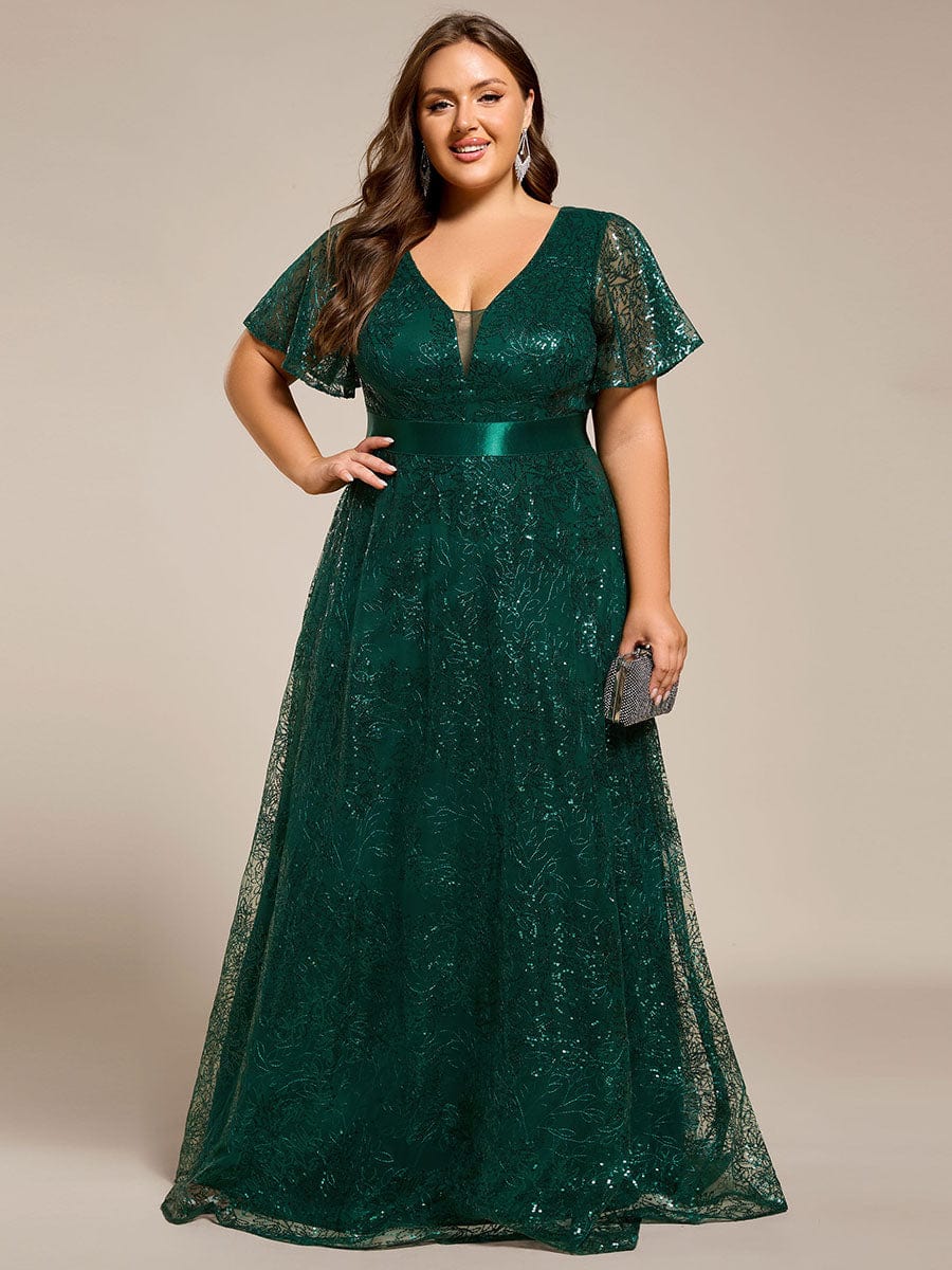 Illusion V-neck Short Sleeve Sequin Formal Maxi Dress #color_Dark Green