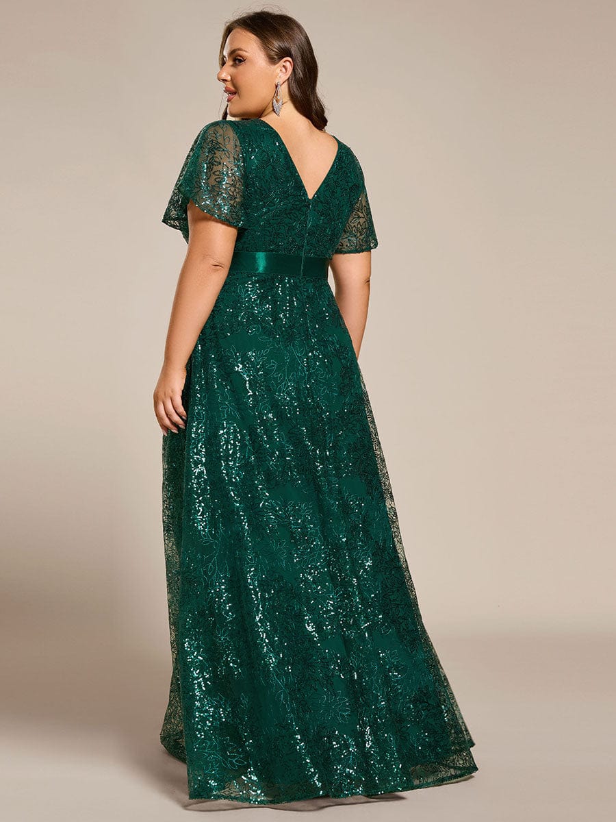 Illusion V-neck Short Sleeve Sequin Formal Maxi Dress #color_Dark Green