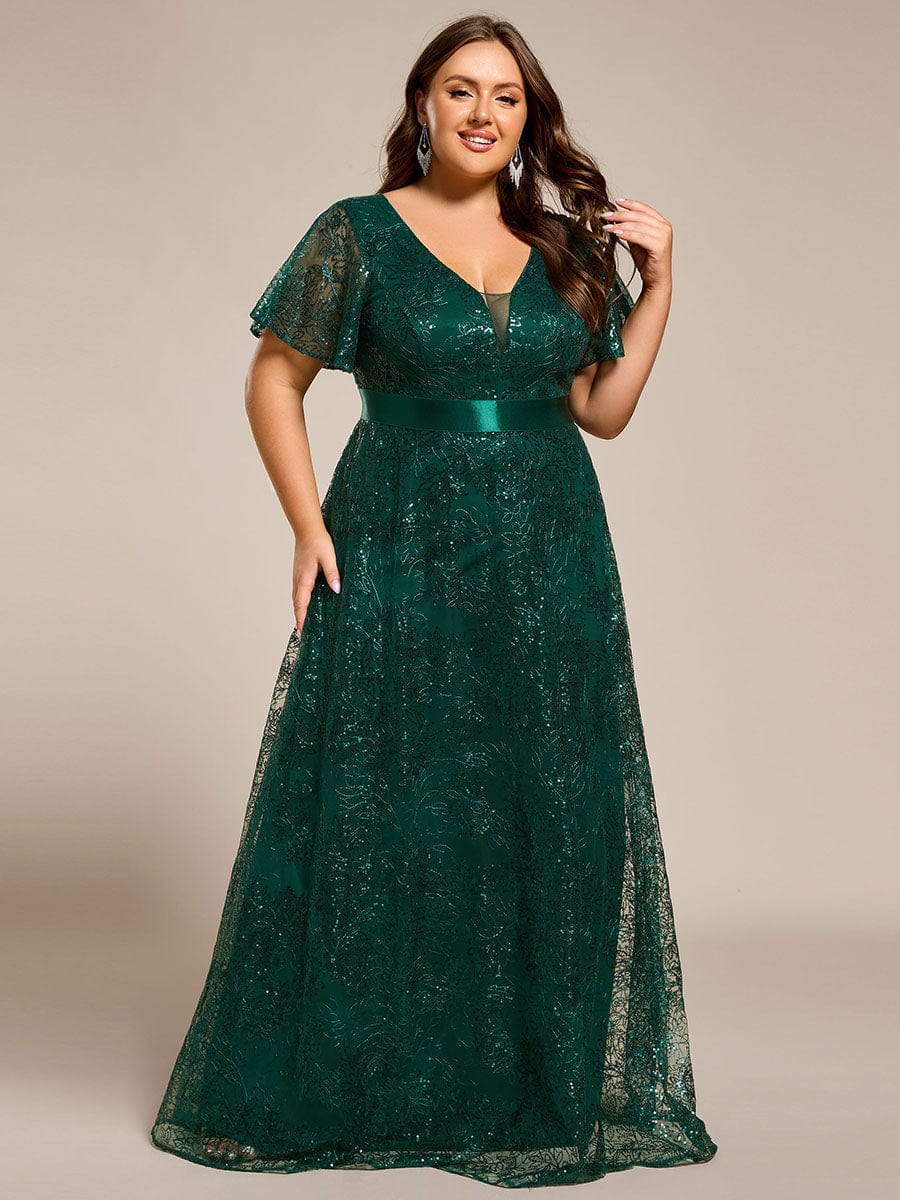 Illusion V-neck Short Sleeve Sequin Formal Maxi Dress #color_Dark Green