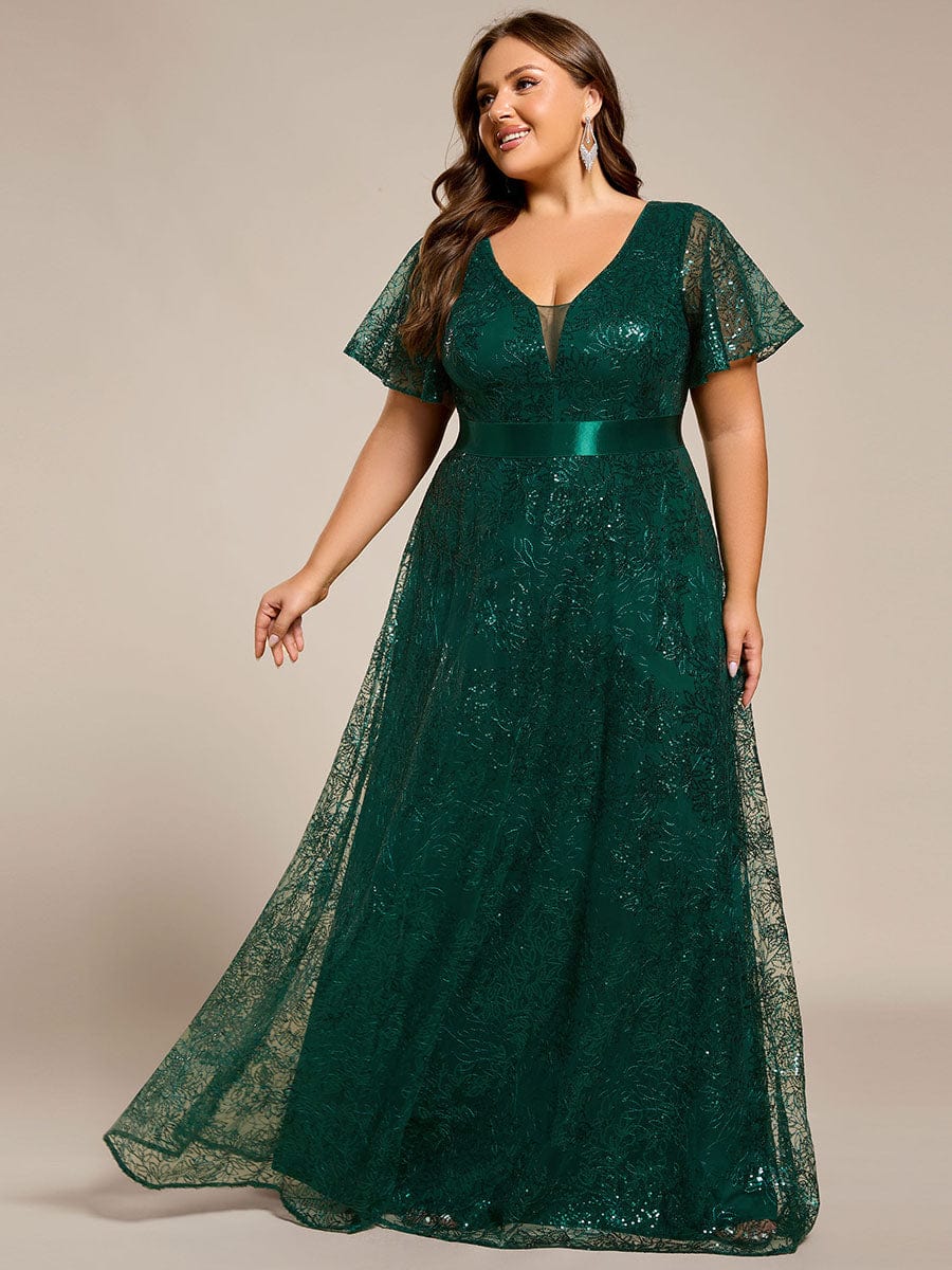 Illusion V-neck Short Sleeve Sequin Formal Maxi Dress #color_Dark Green