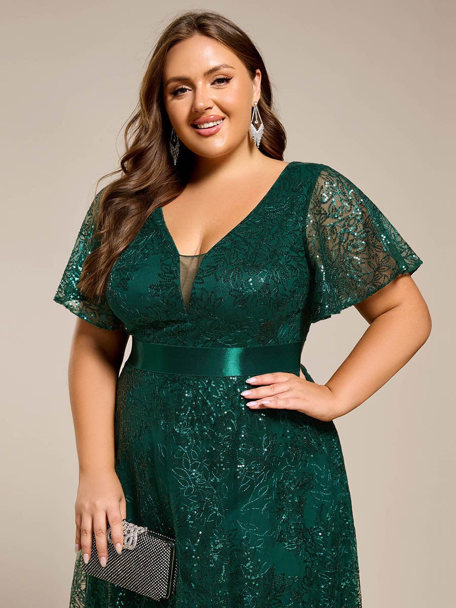 Illusion V-neck Short Sleeve Sequin Formal Maxi Dress #color_Dark Green