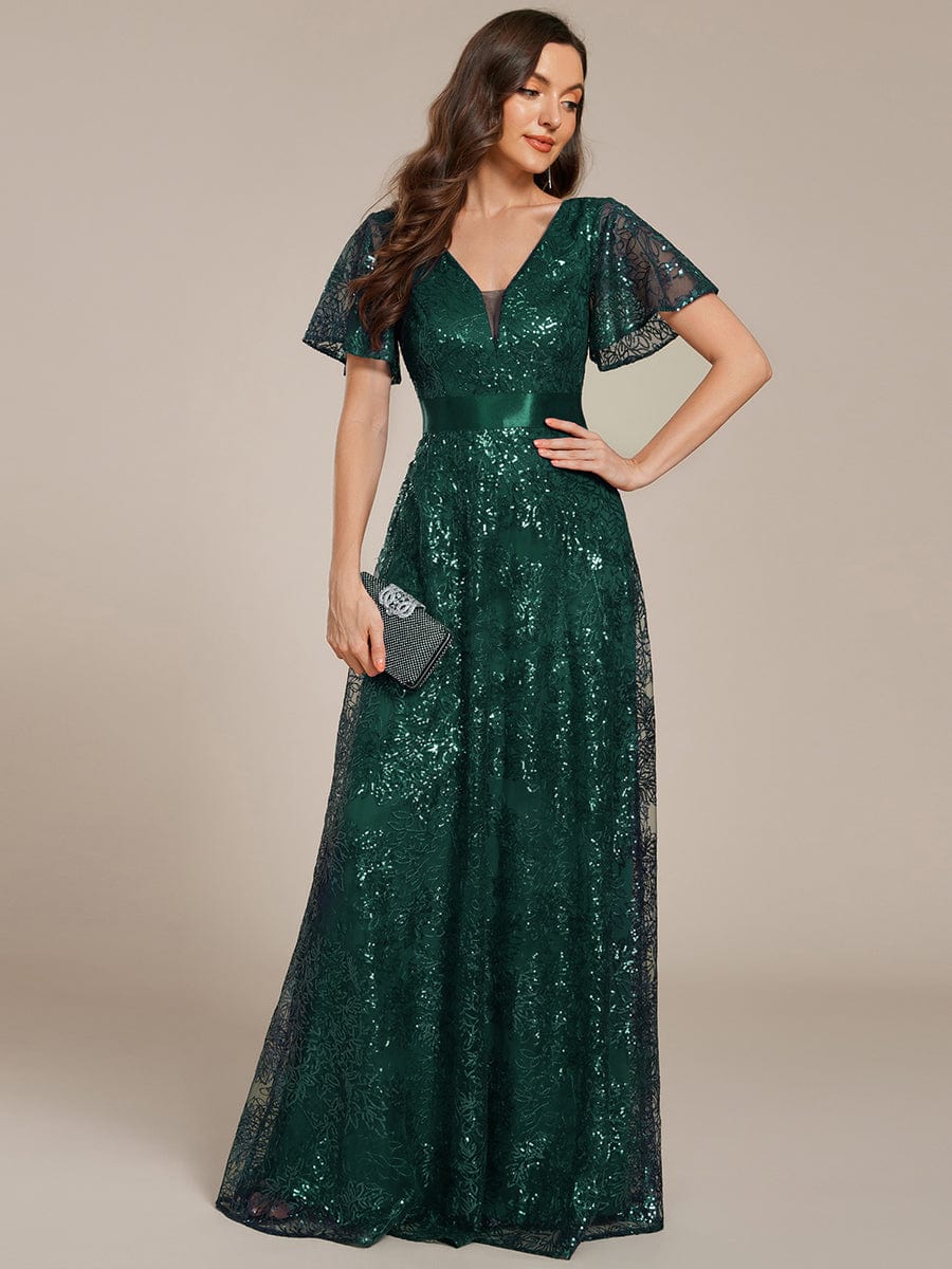 Illusion V-neck Short Sleeve Sequin Formal Maxi Dress #color_Dark Green