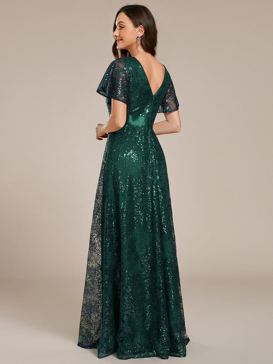 Illusion V-neck Short Sleeve Sequin Formal Maxi Dress #color_Dark Green