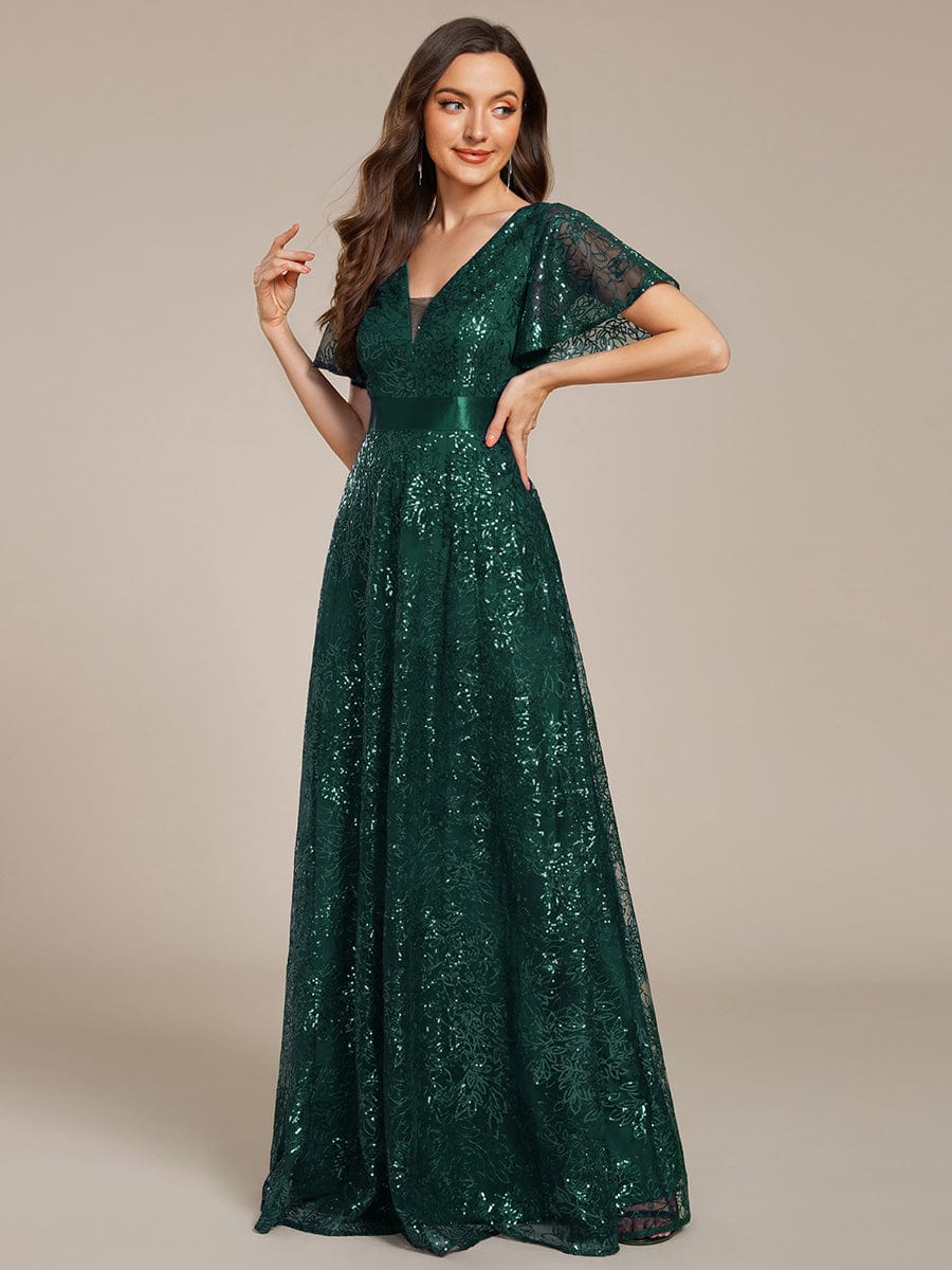 Illusion V-neck Short Sleeve Sequin Formal Maxi Dress #color_Dark Green