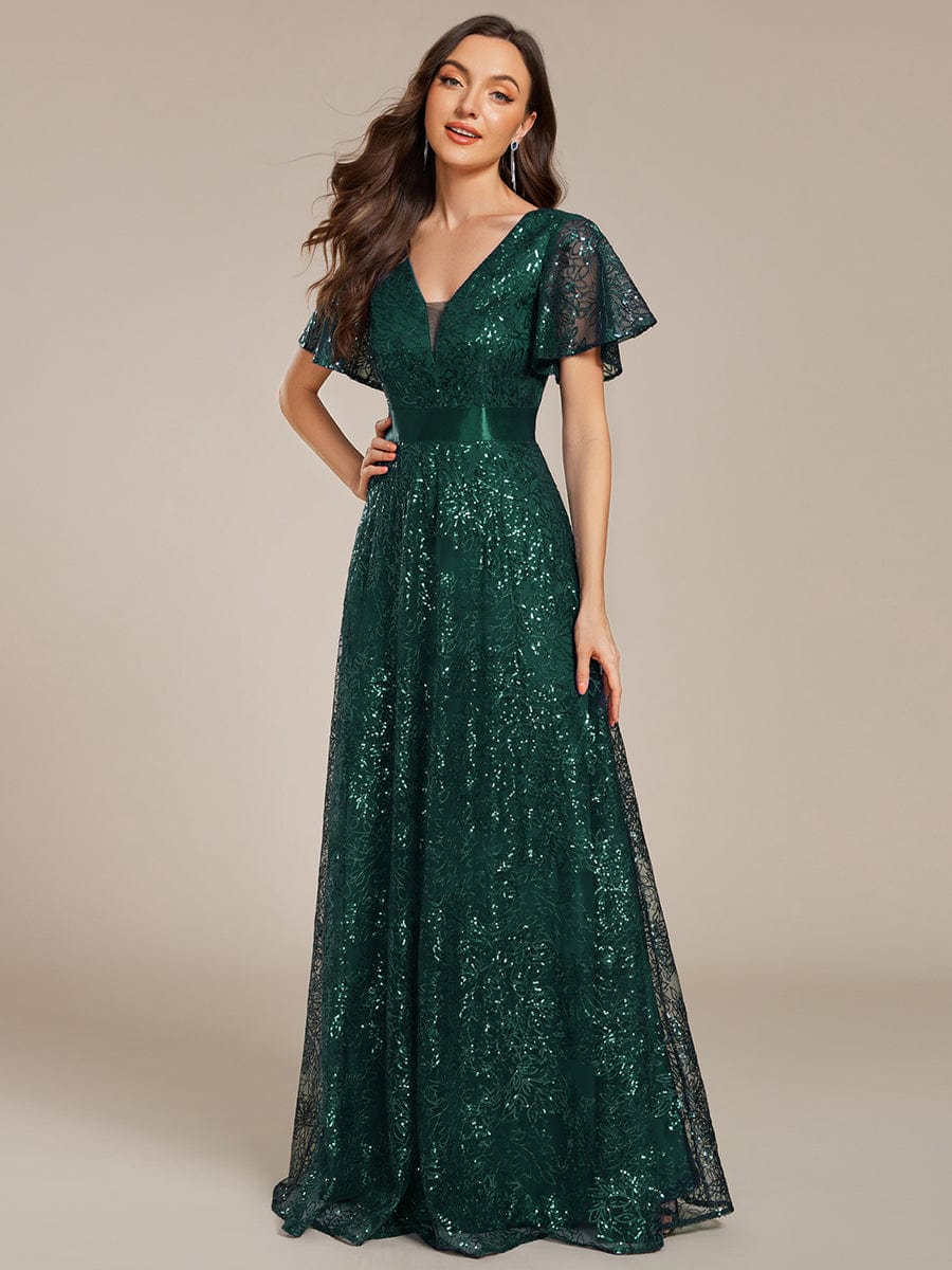 Illusion V-neck Short Sleeve Sequin Formal Maxi Dress #color_Dark Green