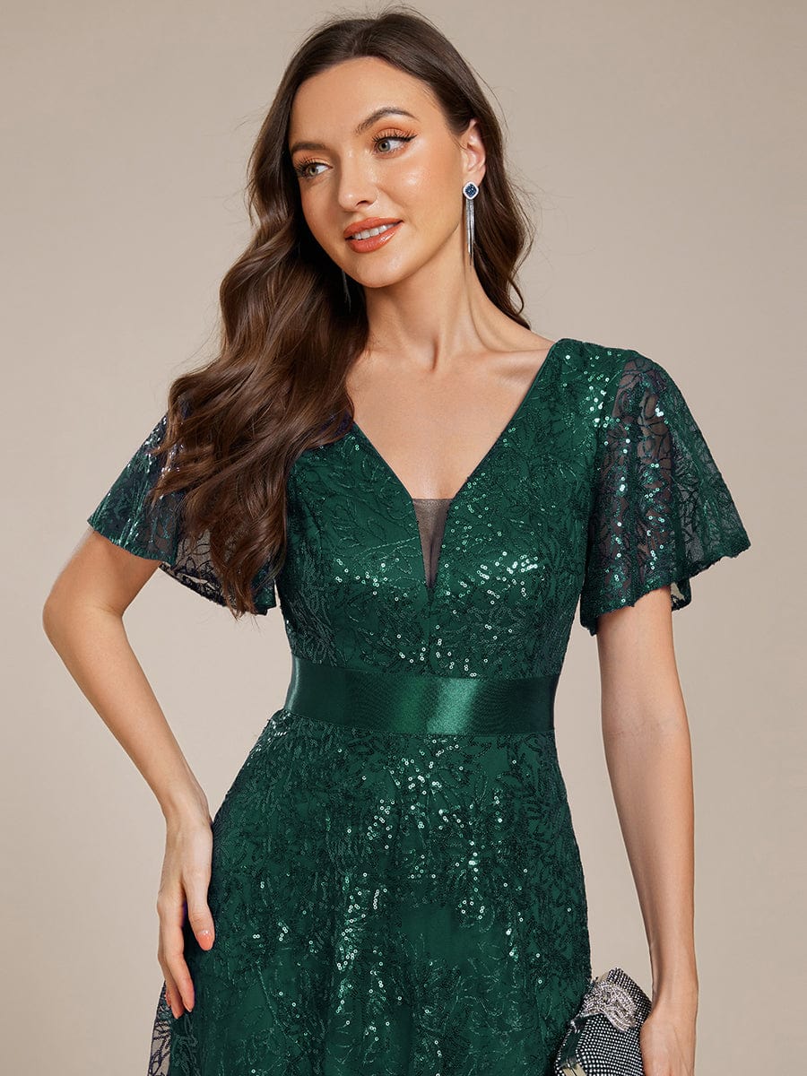 Illusion V-neck Short Sleeve Sequin Formal Maxi Dress #color_Dark Green