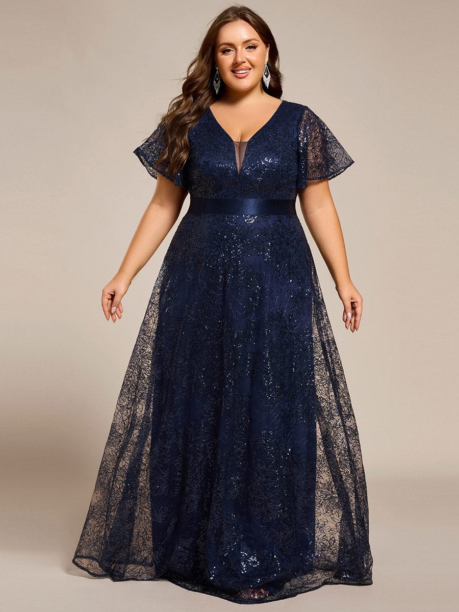 Illusion V-neck Short Sleeve Sequin Formal Maxi Dress #color_Navy Blue