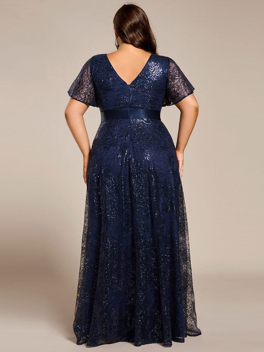 Illusion V-neck Short Sleeve Sequin Formal Maxi Dress #color_Navy Blue