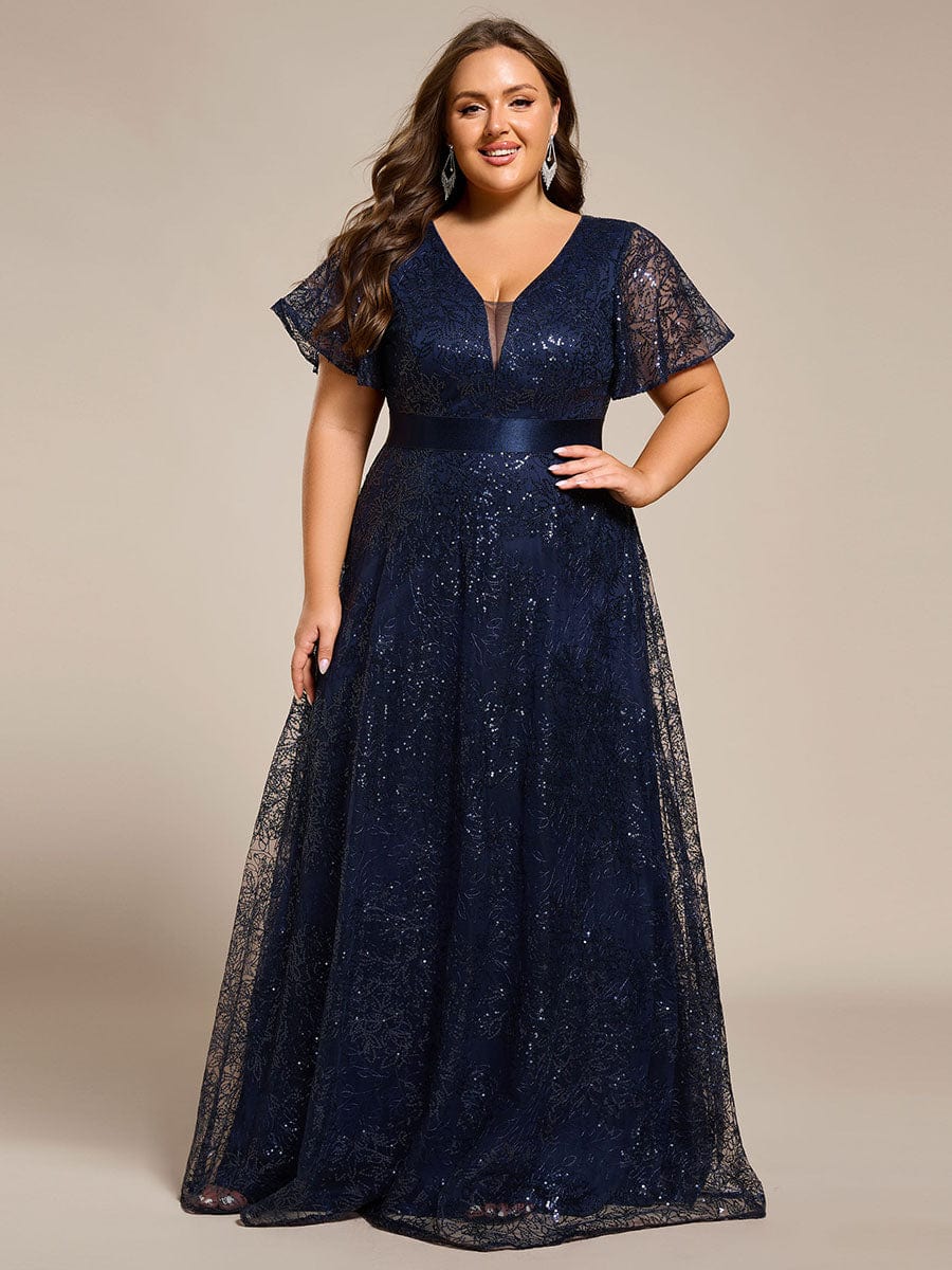 Illusion V-neck Short Sleeve Sequin Formal Maxi Dress #color_Navy Blue