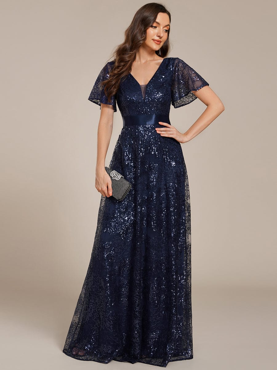 Illusion V-neck Short Sleeve Sequin Formal Maxi Dress #color_Navy Blue