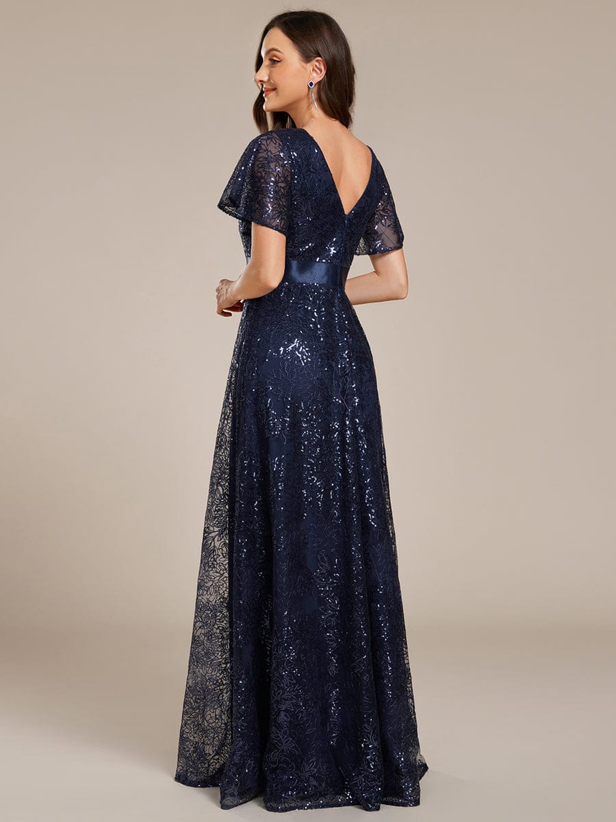 Illusion V-neck Short Sleeve Sequin Formal Maxi Dress #color_Navy Blue