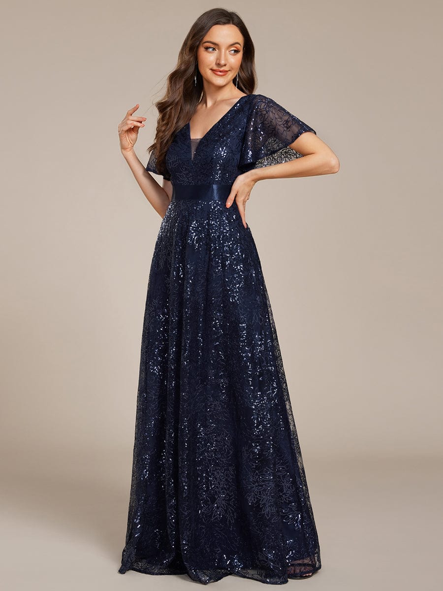 Illusion V-neck Short Sleeve Sequin Formal Maxi Dress #color_Navy Blue