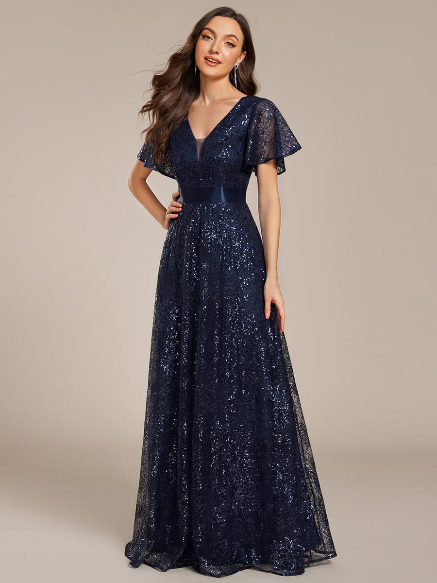 Illusion V-neck Short Sleeve Sequin Formal Maxi Dress #color_Navy Blue