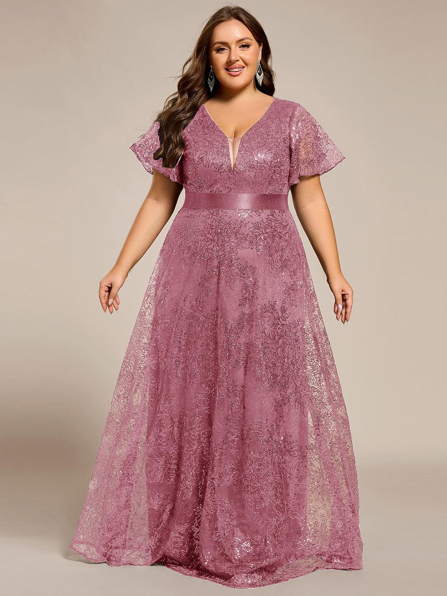 Illusion V-neck Short Sleeve Sequin Formal Maxi Dress #color_Purple Orchid