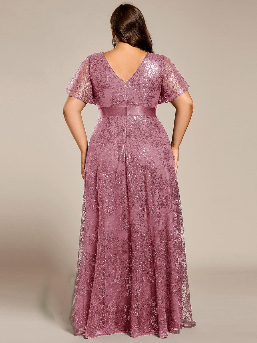 Illusion V-neck Short Sleeve Sequin Formal Maxi Dress #color_Purple Orchid