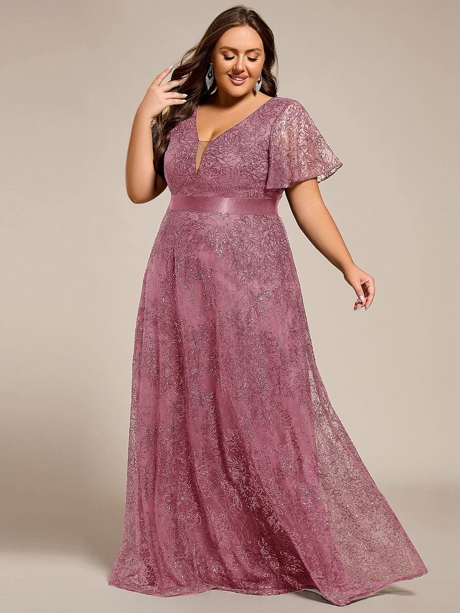 Illusion V-neck Short Sleeve Sequin Formal Maxi Dress #color_Purple Orchid