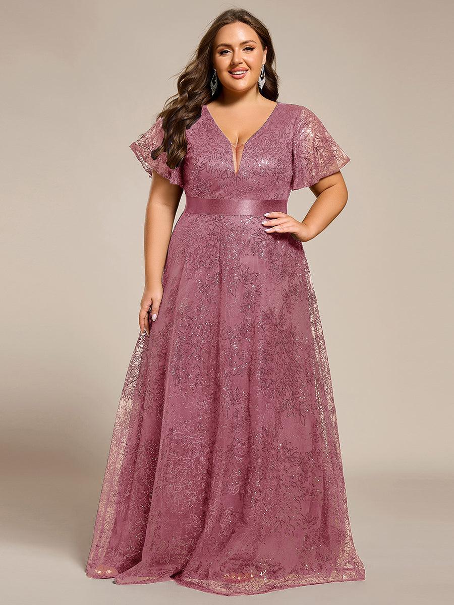 Illusion V-neck Short Sleeve Sequin Formal Maxi Dress #color_Purple Orchid