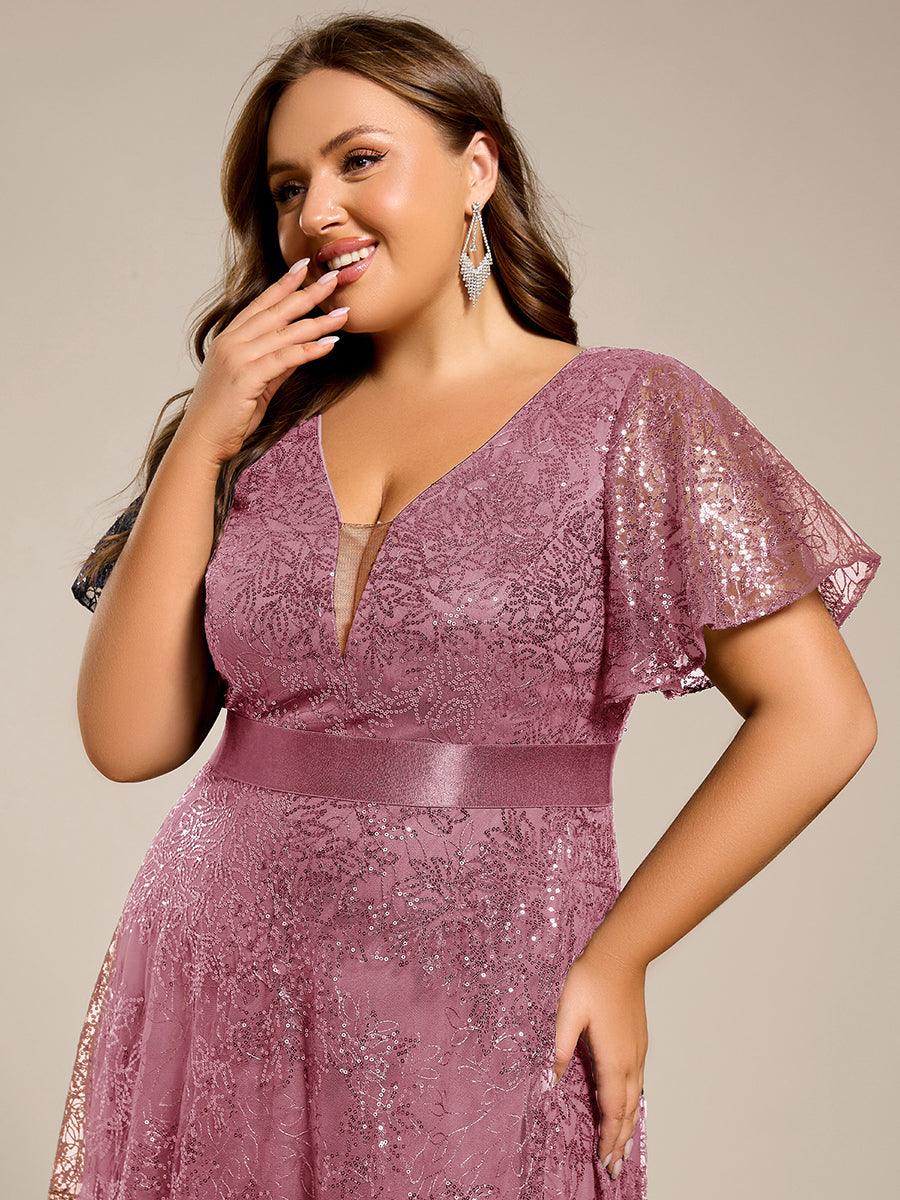 Illusion V-neck Short Sleeve Sequin Formal Maxi Dress #color_Purple Orchid