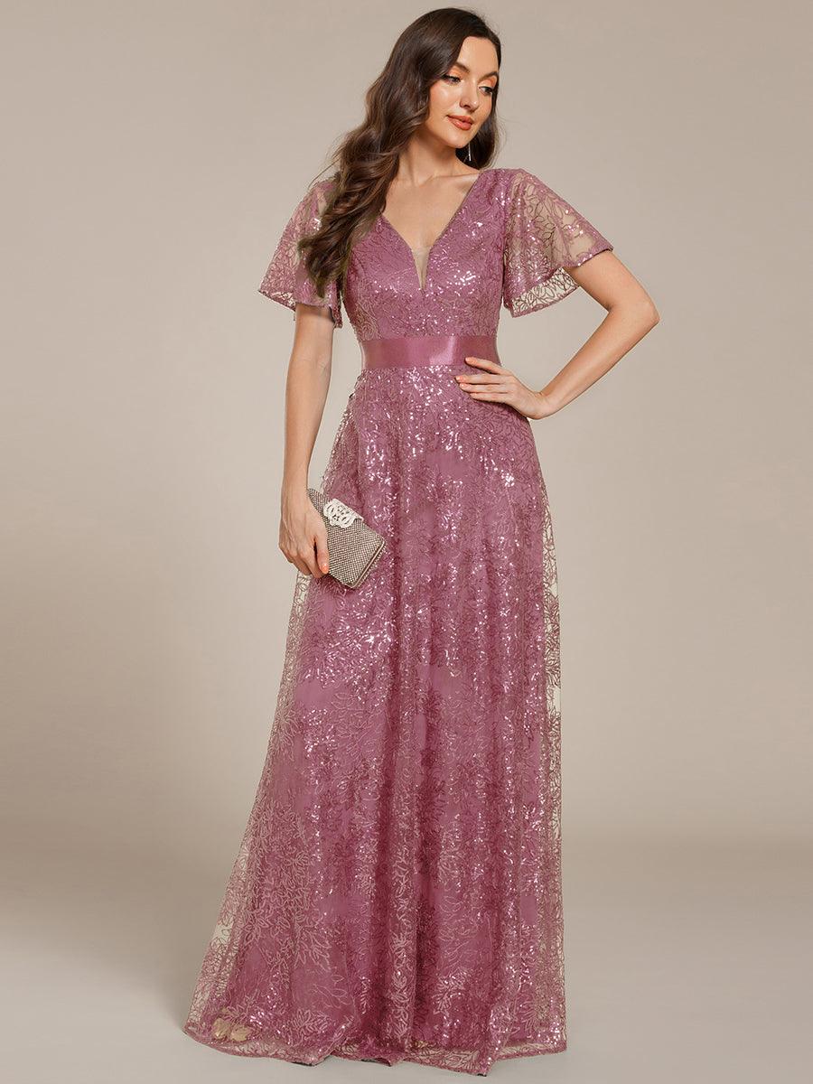 Illusion V-neck Short Sleeve Sequin Formal Maxi Dress #color_Purple Orchid