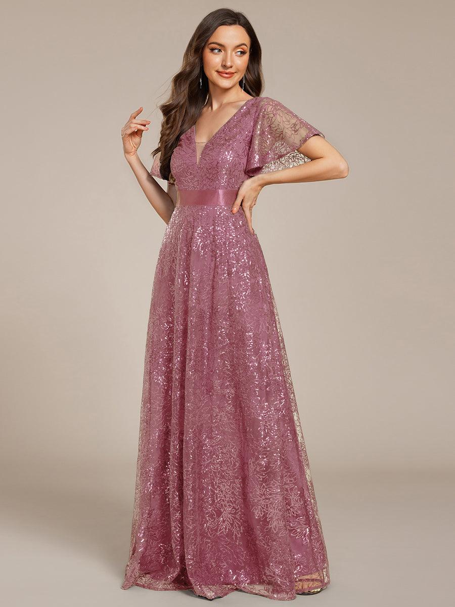 Illusion V-neck Short Sleeve Sequin Formal Maxi Dress #color_Purple Orchid