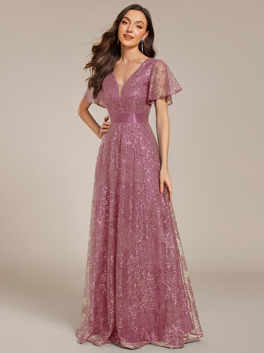 Illusion V-neck Short Sleeve Sequin Formal Maxi Dress #color_Purple Orchid