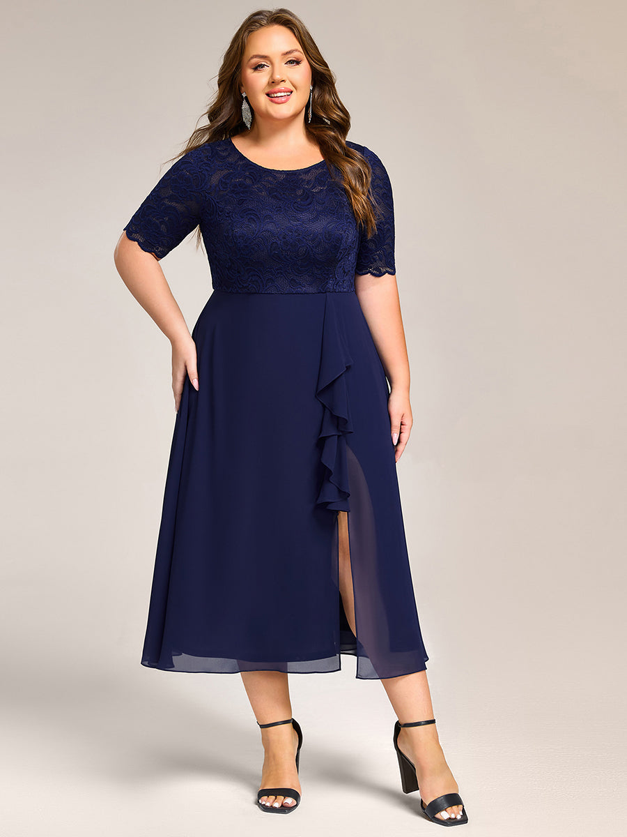 Plus Size Lace Top Short Sleeve A-Line Split Round Neck Formal Dress #color_Navy Blue