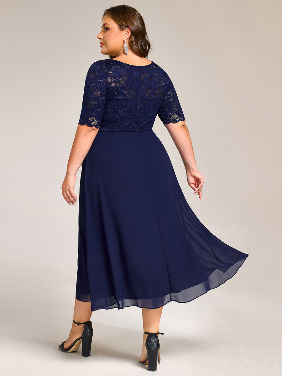 Plus Size Lace Top Short Sleeve A-Line Split Round Neck Formal Dress #color_Navy Blue