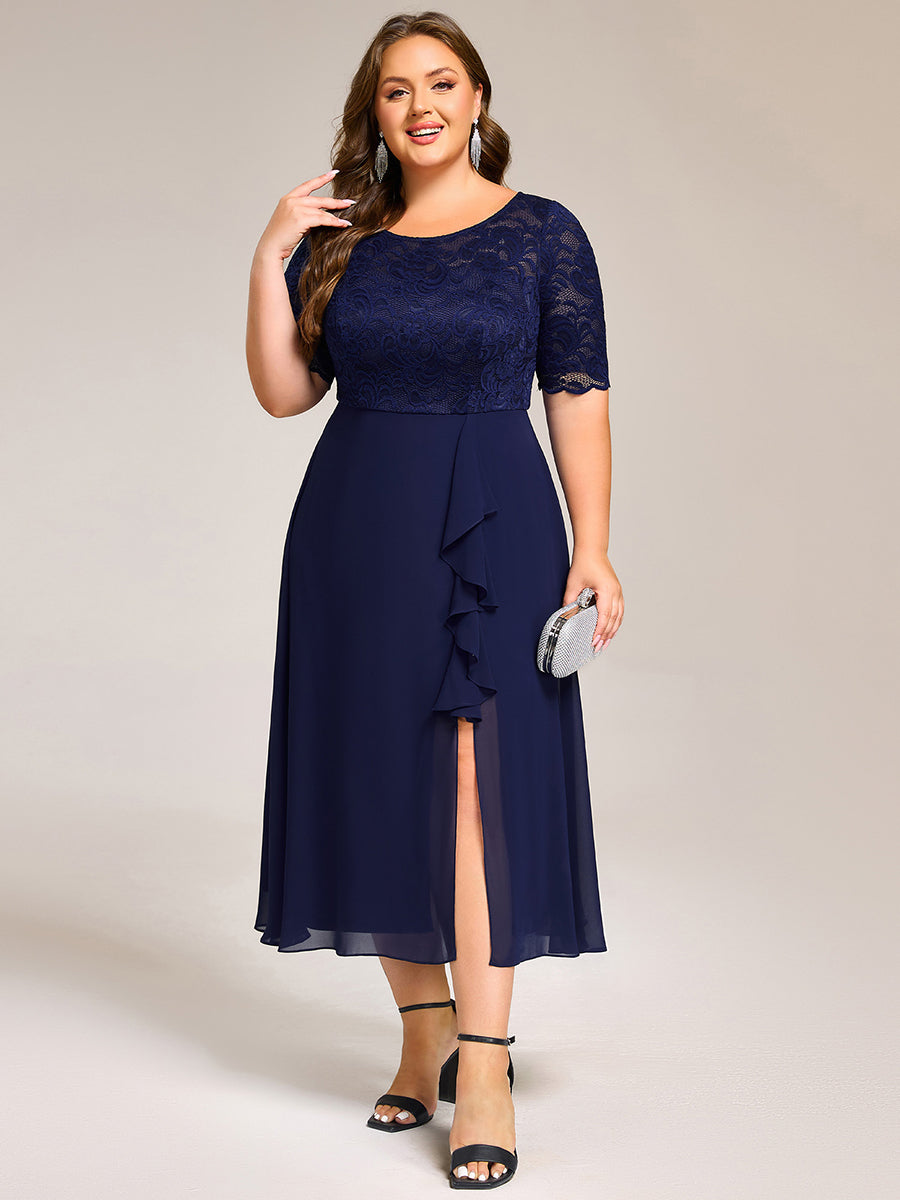 Plus Size Lace Top Short Sleeve A-Line Split Round Neck Formal Dress #color_Navy Blue