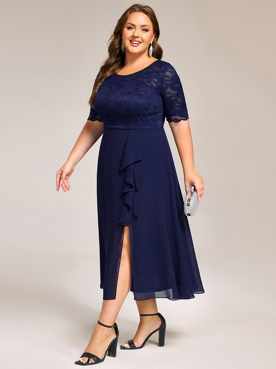 Plus Size Lace Top Short Sleeve A-Line Split Round Neck Formal Dress #color_Navy Blue