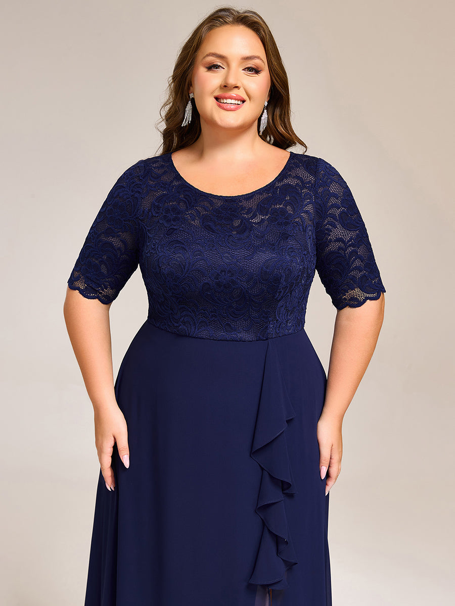 Plus Size Lace Top Short Sleeve A-Line Split Round Neck Formal Dress #color_Navy Blue