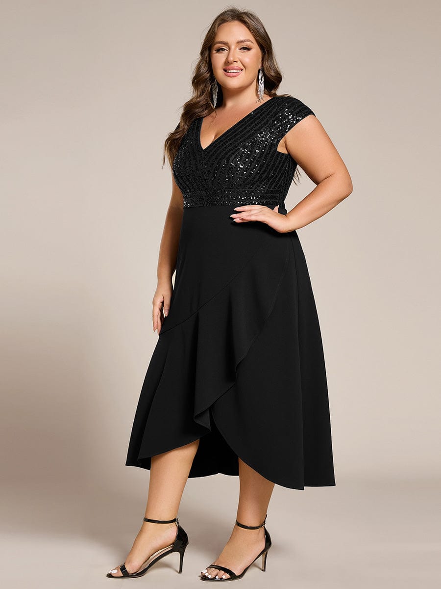 Plus Size Sequin Bodice V-Neck Midi Chiffon Formal Dress #color_Black