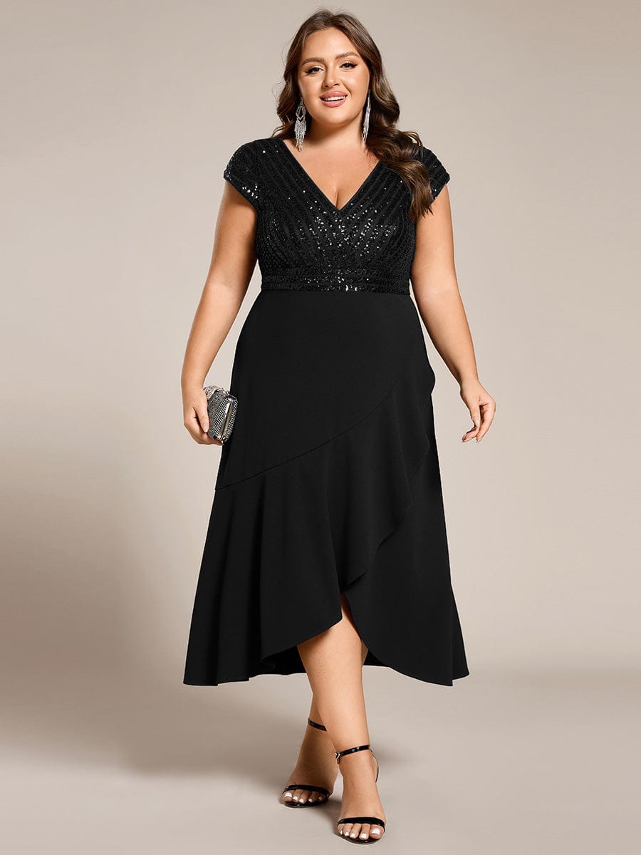 Plus Size Sequin Bodice V-Neck Midi Chiffon Formal Dress #color_Black