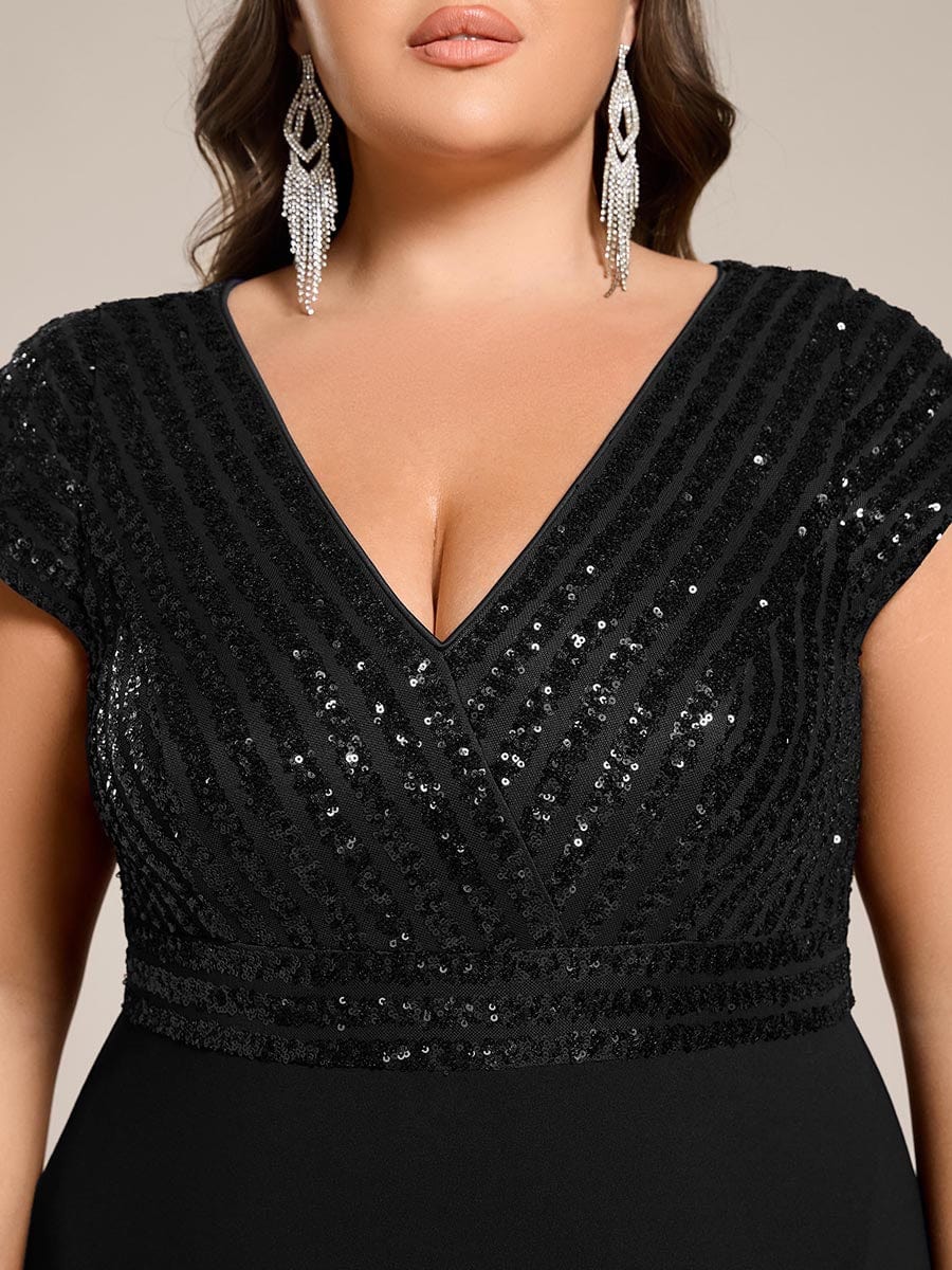 Plus Size Sequin Bodice V-Neck Midi Chiffon Formal Dress #color_Black