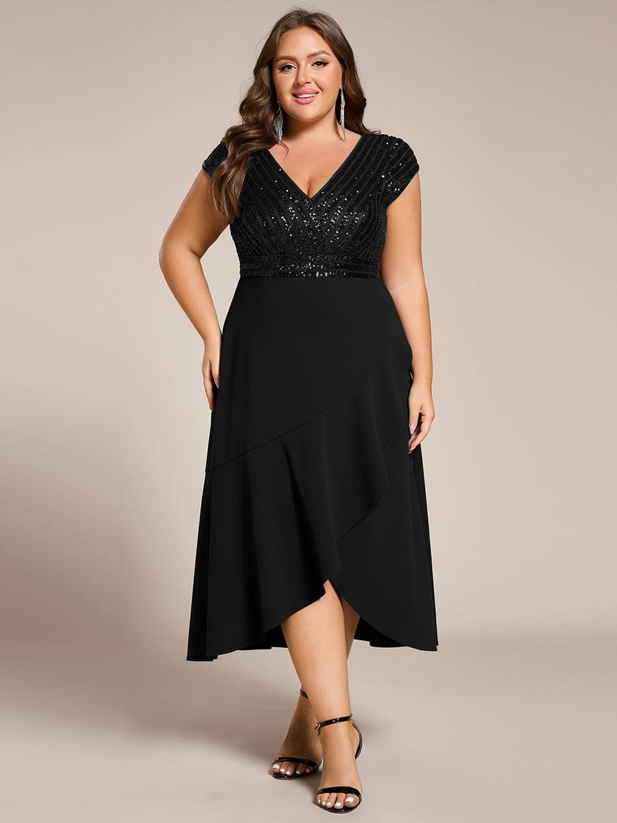 Plus Size Sequin Bodice V-Neck Midi Chiffon Formal Dress #color_Black