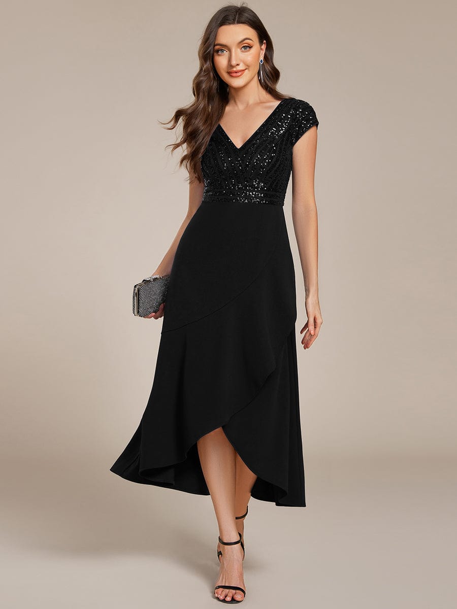 Short Sleeve V-Neck Midi Sequin Formal Dress with Chiffon #color_Black