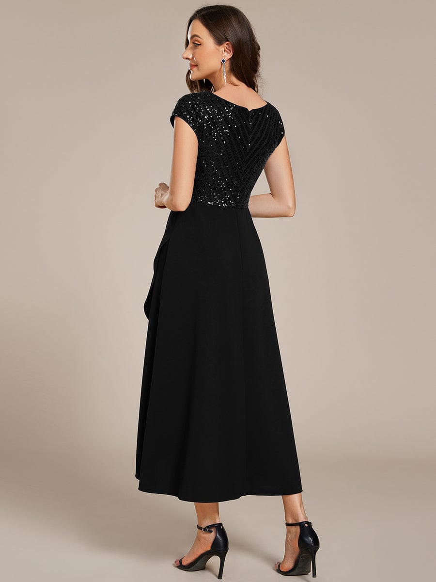 Short Sleeve V-Neck Midi Sequin Formal Dress with Chiffon #color_Black