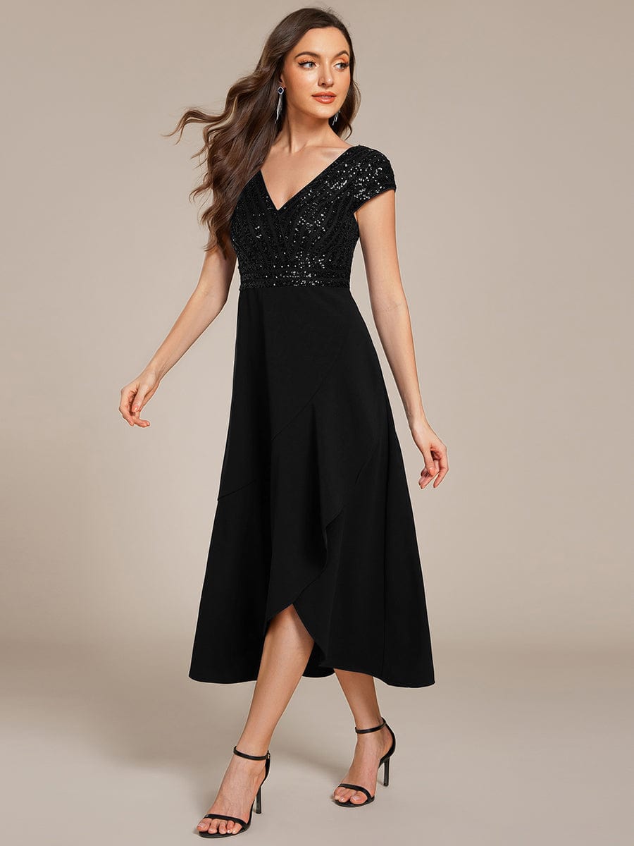 Short Sleeve V-Neck Midi Sequin Formal Dress with Chiffon #color_Black